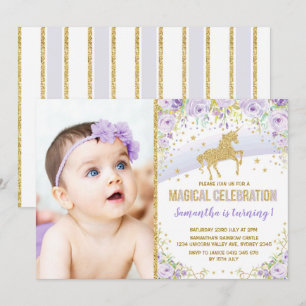 Paarse regenboog Unicorn Lavender Gold Birthday Kaart