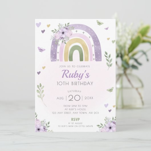Paarse regenboog verjaardagsfeest nodigen Boho Flo Kaart (Staand voorkant)