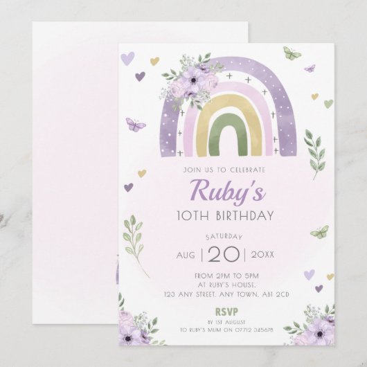 Paarse regenboog verjaardagsfeest nodigen Boho Flo Kaart (Voorkant / Achterkant)