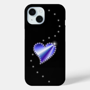 Paarse regenbooghartslag met sterren op zwart iPhone 15 case