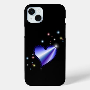 Paarse regenbooghartslag met sterren op zwart iPhone 15 mini hoesje