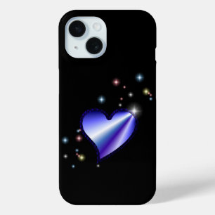 Paarse regenbooghartslag met sterren op zwart iPhone 15 case