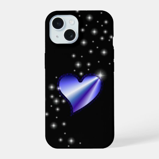 Paarse regenbooghartslag met sterren op zwart iPhone 15 case (Achterkant)