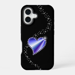 Paarse regenbooghartslag met sterren op zwart iPhone 16 hoesje