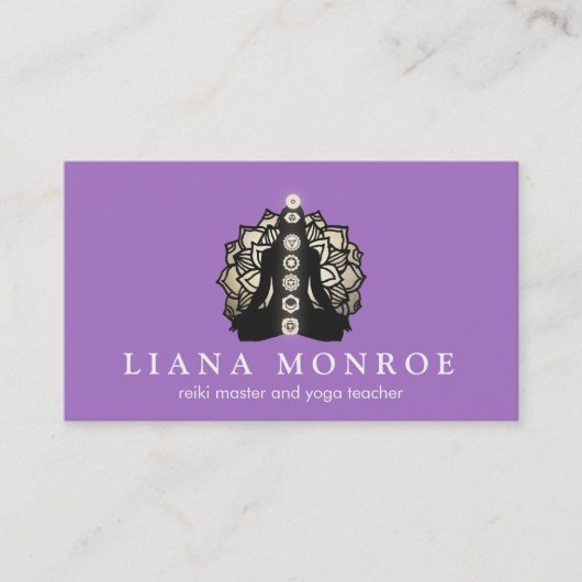 Paarse Reiki en Yoga-leraar Lotus en Chakra Visitekaartje (Voorkant)
