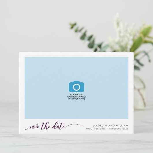 Paarse Relax Script Sla de datumfoto op Save The Date (Staand voorkant)