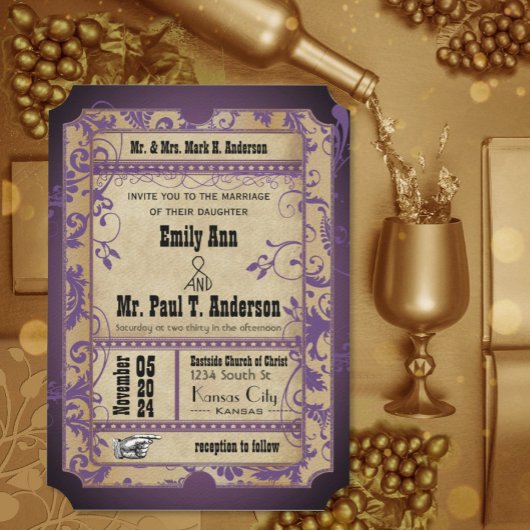 Paarse renaissance Medieval Ticket Wedding Kaart