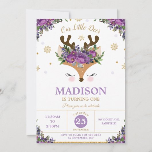 Paarse rendierFloral Snowflakes Birthday Party Kaart (Voorkant)
