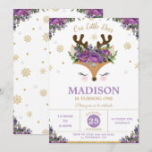 Paarse rendierFloral Snowflakes Birthday Party Kaart (Voorkant / Achterkant)