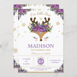 Paarse rendierFloral Snowflakes Birthday Party Kaart
