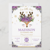 Paarse rendierFloral Snowflakes Birthday Party Kaart (Voorkant)