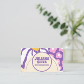 Paarse Retro Bloemen met QR Visitekaartje (Staand voorkant)