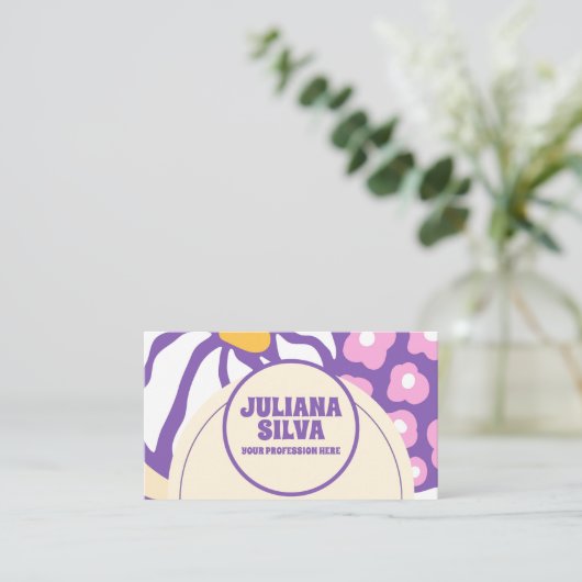 Paarse Retro Bloemen met QR Visitekaartje (Staand voorkant)