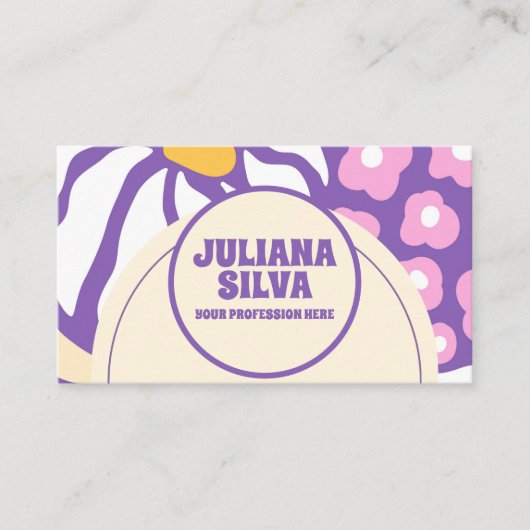 Paarse Retro Bloemen met QR Visitekaartje (Voorkant)