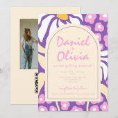 Paarse Retro Bloemen met Uitnodiging voor Fotobrui (Voorkant / Achterkant)