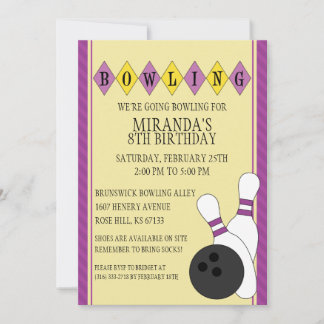 Paarse retro Custom Bowling Birthday Party Kaart