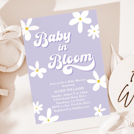 Paarse Retro Daisy Baby shower Baby in bloei Kaart