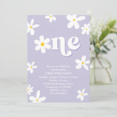 Paarse Retro Daisy Een 1e Verjaardags Meisje Kaart (Staand voorkant)