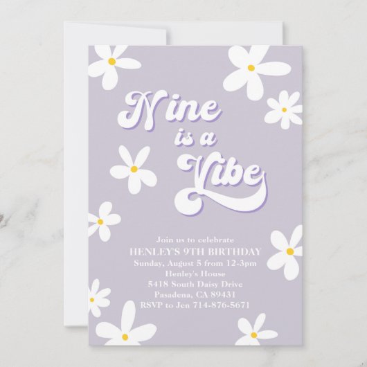 Paarse Retro Daisy Nine Is Een Vibe Verjaardag Kaart (Voorkant)