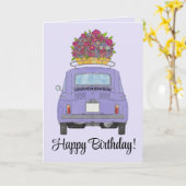 Paarse retro Fiat 500 Birthday Kaart (Gele Bloem)