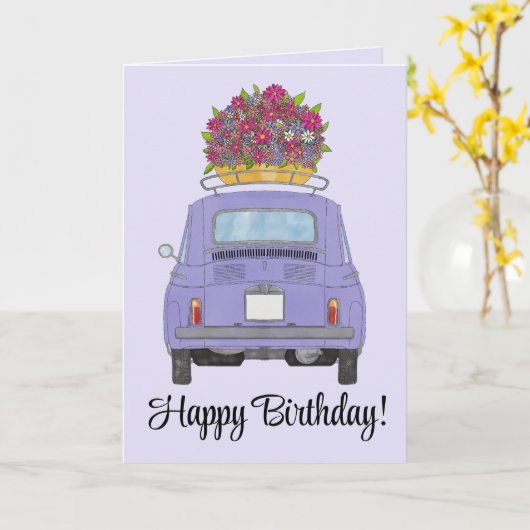 Paarse retro Fiat 500 Birthday Kaart (Gele Bloem)