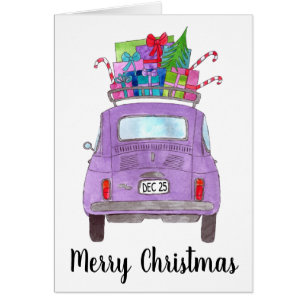 Paarse Retro Fiat 500 met kerstcadeaus