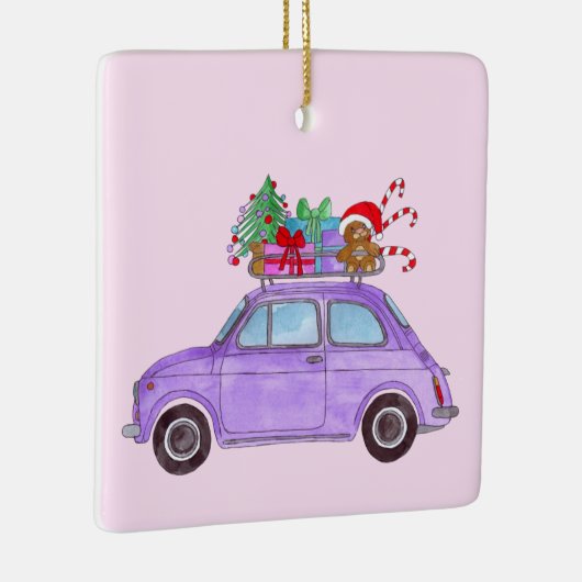Paarse Retro Fiat 500 met kerstcadeaus Keramisch Ornament (Rechts)