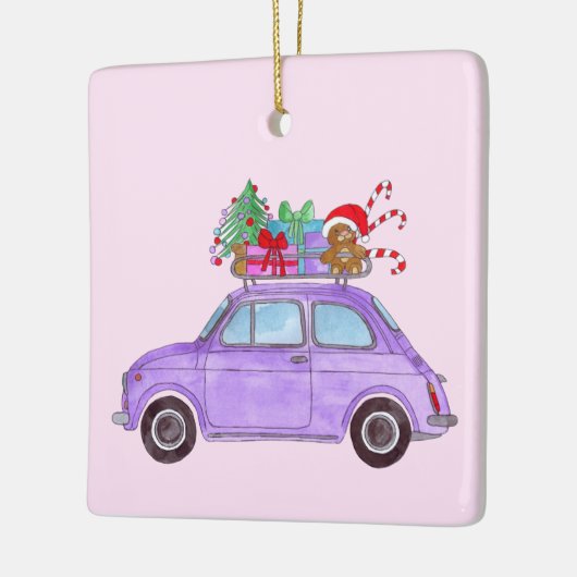 Paarse Retro Fiat 500 met kerstcadeaus Keramisch Ornament (Links)
