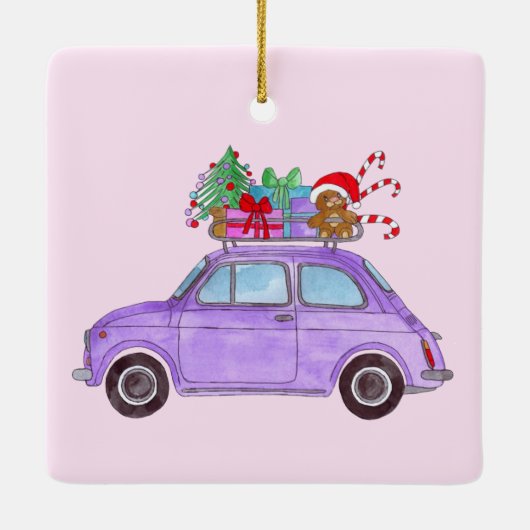 Paarse Retro Fiat 500 met kerstcadeaus Keramisch Ornament (Achterkant)
