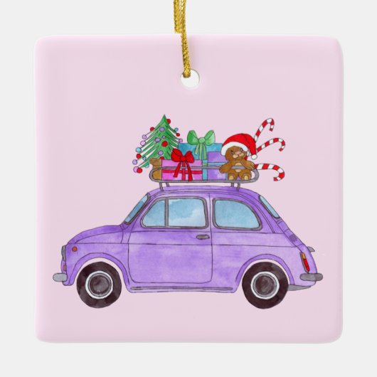 Paarse Retro Fiat 500 met kerstcadeaus Keramisch Ornament (Voorkant)