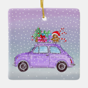 Paarse Retro Fiat 500 met kerstcadeaus Keramisch Ornament