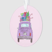 Paarse Retro Fiat 500 met kerstcadeaus Ornament (voorkant)