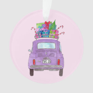 Paarse Retro Fiat 500 met kerstcadeaus Ornament
