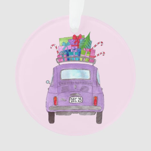 Paarse Retro Fiat 500 met kerstcadeaus Ornament (voorkant)