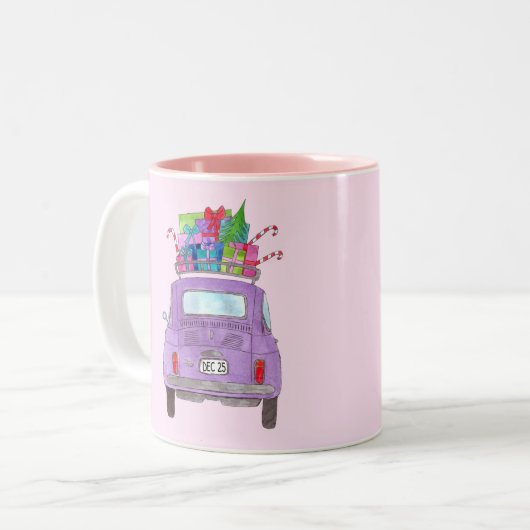 Paarse Retro Fiat 500 met kerstcadeaus Tweekleurige Koffiemok (Voorkant links)