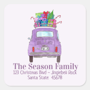 Paarse Retro Fiat 500 met Kerstcadeaus Vierkante Sticker
