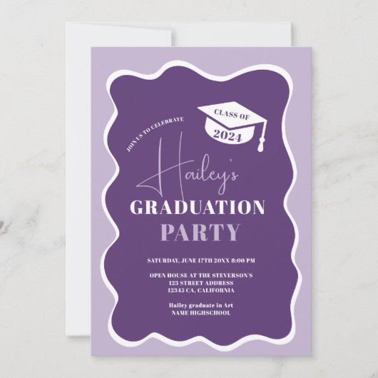 Paarse retro golvende lijst foto afstuderen kaart (Voorkant)