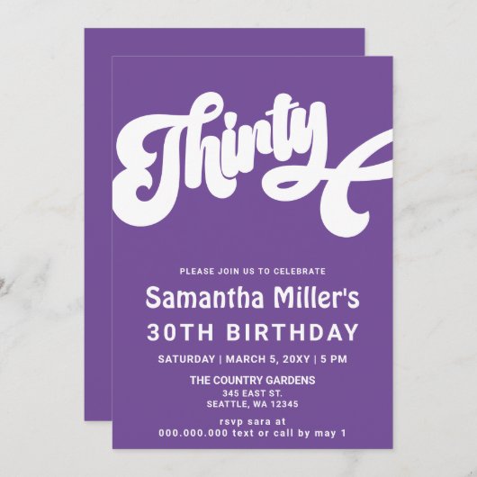 Paarse Retro Groovy 30e verjaardagsfeestje Kaart (Voorkant / Achterkant)