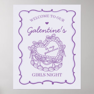 Paarse Retro Heart Coquette Cake Galentine Welkom Poster