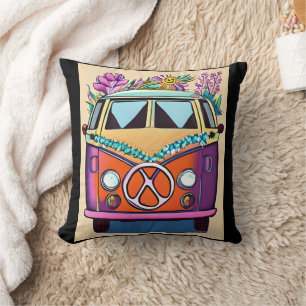 Paarse Retro Hippie Van  Kleuren Kunst Kussen