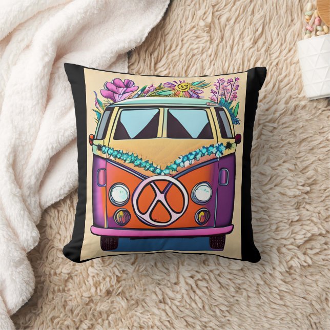 Paarse Retro Hippie Van  Kleuren Kunst Kussen (Deken)