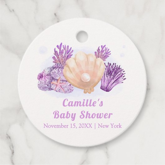 Paarse Retro Pearl Seashell Baby shower Bedankjes Labels (Voorkant)