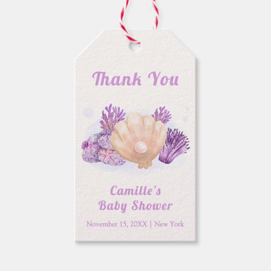 Paarse Retro Pearl Seashell Baby shower Cadeaulabel (Voorkant)