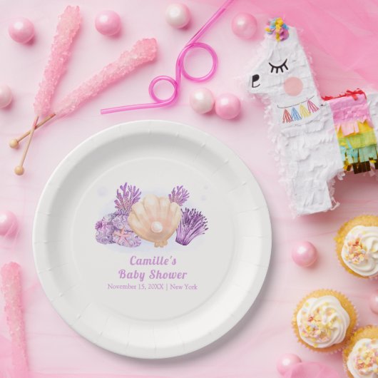 Paarse Retro Pearl Seashell Baby shower Papieren Bordje (Feest)