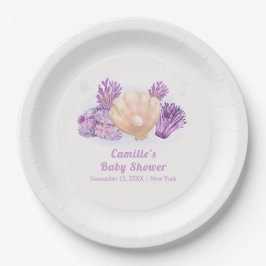 Paarse Retro Pearl Seashell Baby shower Papieren Bordje