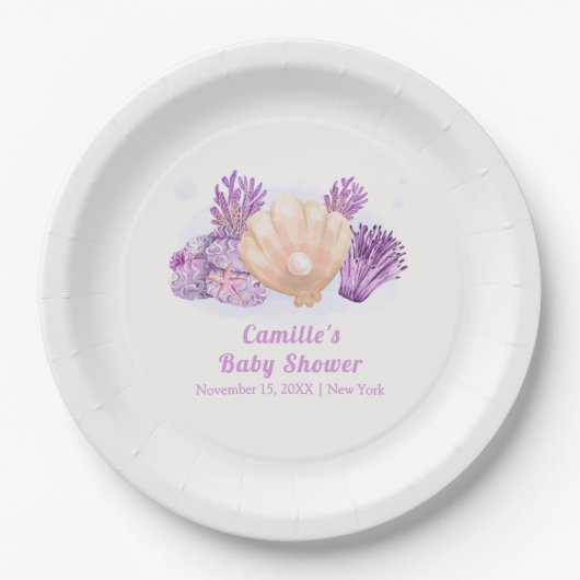 Paarse Retro Pearl Seashell Baby shower Papieren Bordje (Voorkant)