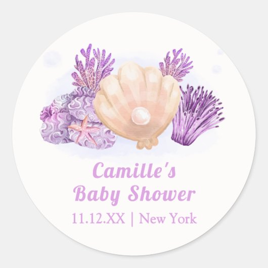 Paarse Retro Pearl Seashell Baby shower Ronde Sticker (Voorkant)