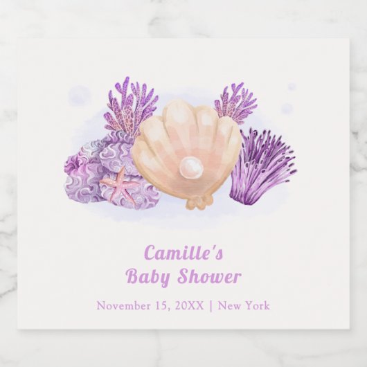 Paarse Retro Pearl Seashell Baby shower Sparkling Wijnetiket (Enkel label)