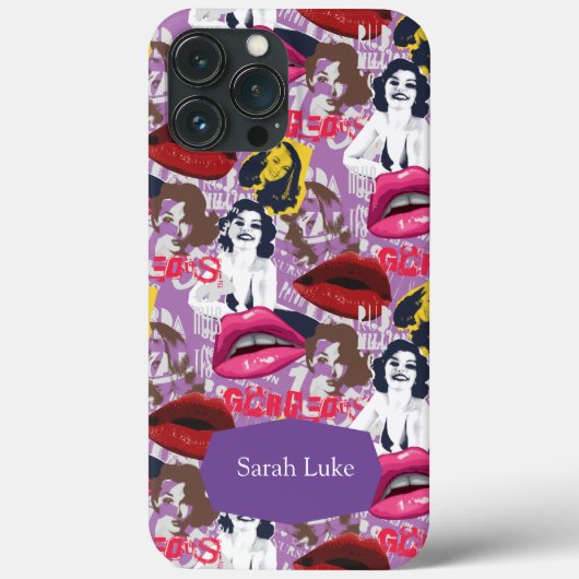 Paarse Retro Pinup Collage Hoesje-Mate iPhone Case (Achterkant)