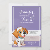 Paarse Retro Schattigee Puppy Thema Kids Verjaarda Kaart (Voorkant)